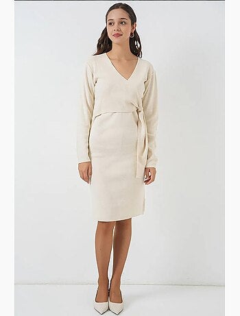 Robe mi-longue moulante avec col en v et fermeture à nouer bdart