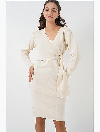 Robe mi-longue moulante avec col en v et fermeture à nouer bdart
