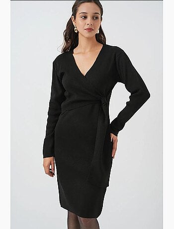 Robe mi-longue moulante avec col en v et fermeture à nouer bdart