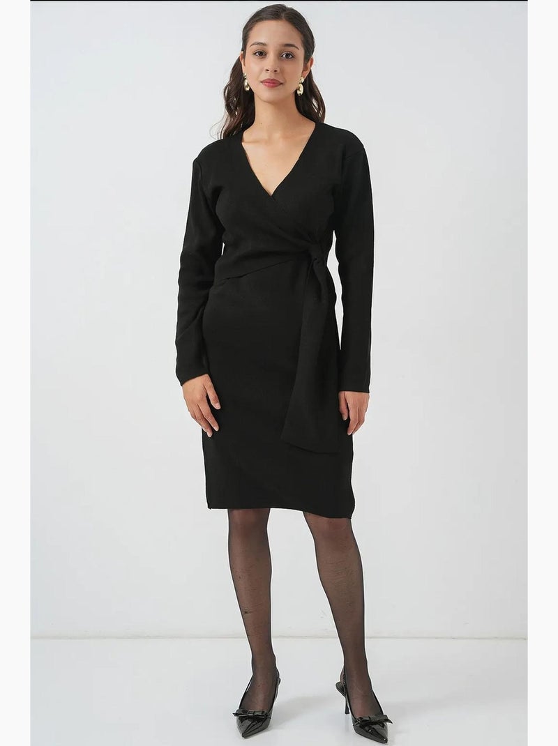 Robe mi-longue moulante avec col en v et fermeture à nouer bdart Noir - Kiabi