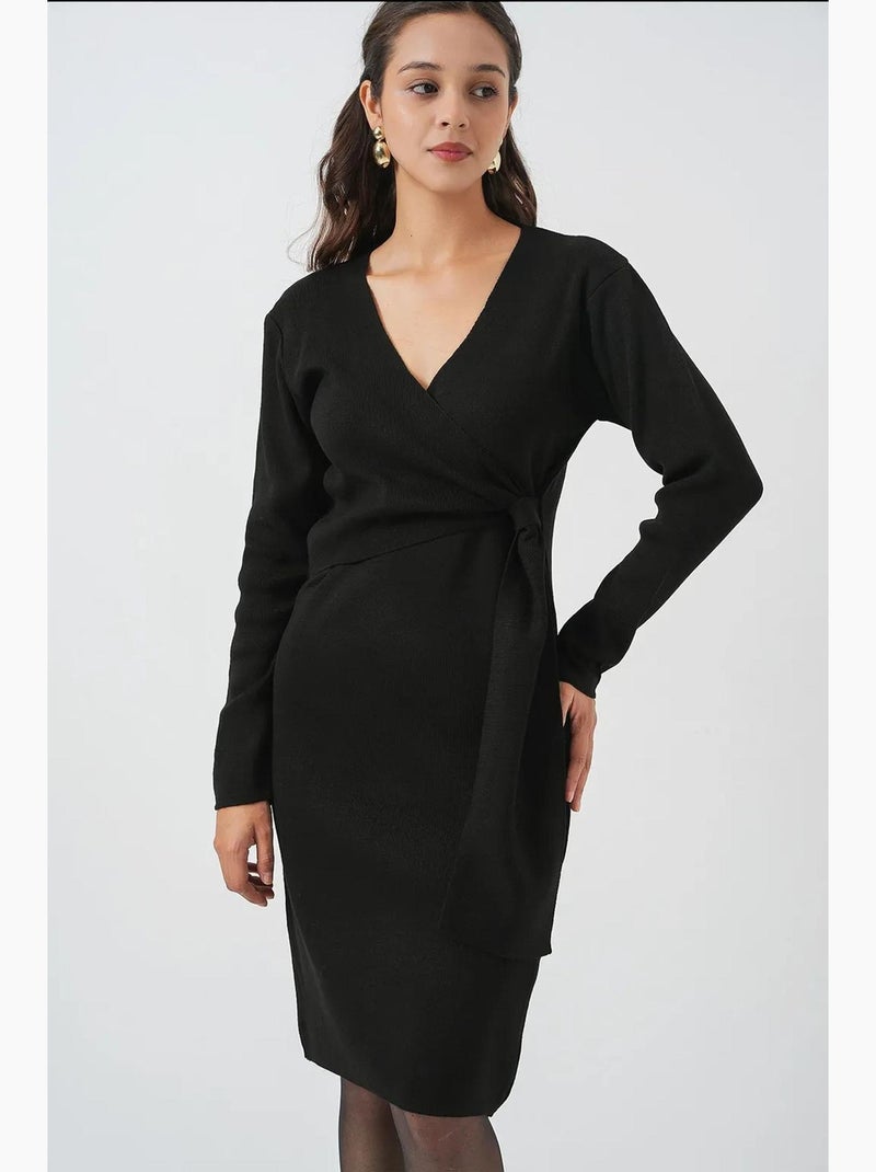 Robe mi-longue moulante avec col en v et fermeture à nouer bdart Noir - Kiabi