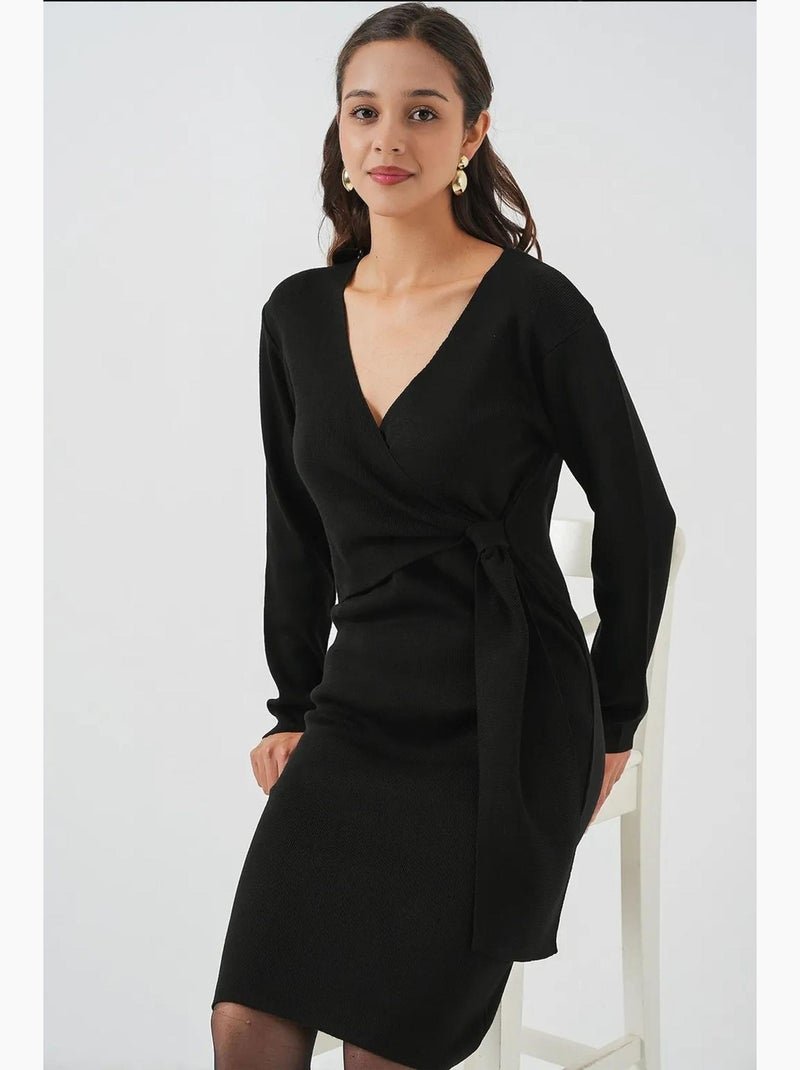 Robe mi-longue moulante avec col en v et fermeture à nouer bdart Noir - Kiabi