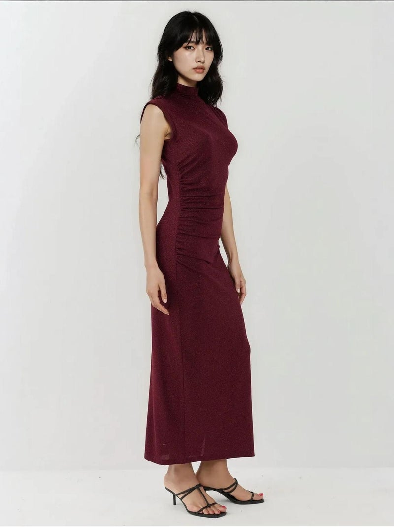 Robe mi-longue moulante sans manches avec col ras du cou et fermeture éclair Rouge bordeaux - Kiabi