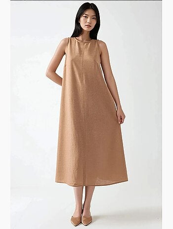 Robe mi-longue sans manches à col ras du cou en lin hiccup