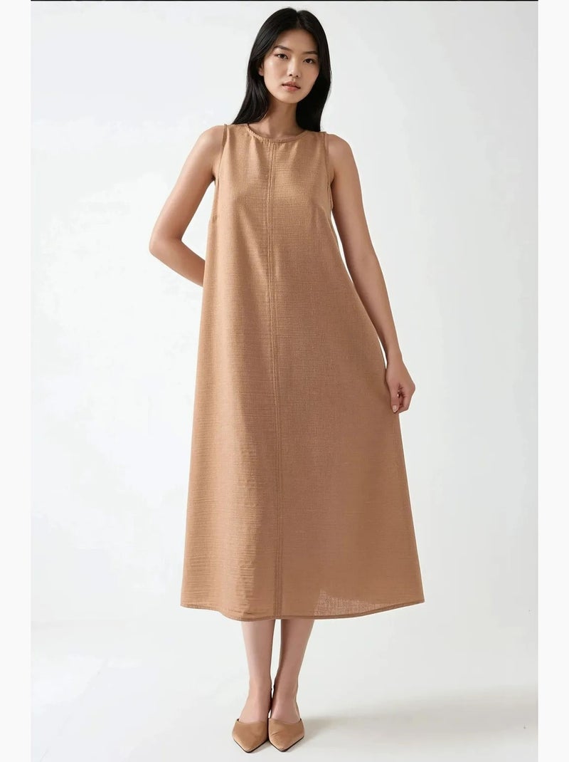Robe mi-longue sans manches à col ras du cou en lin hiccup Camel - Kiabi