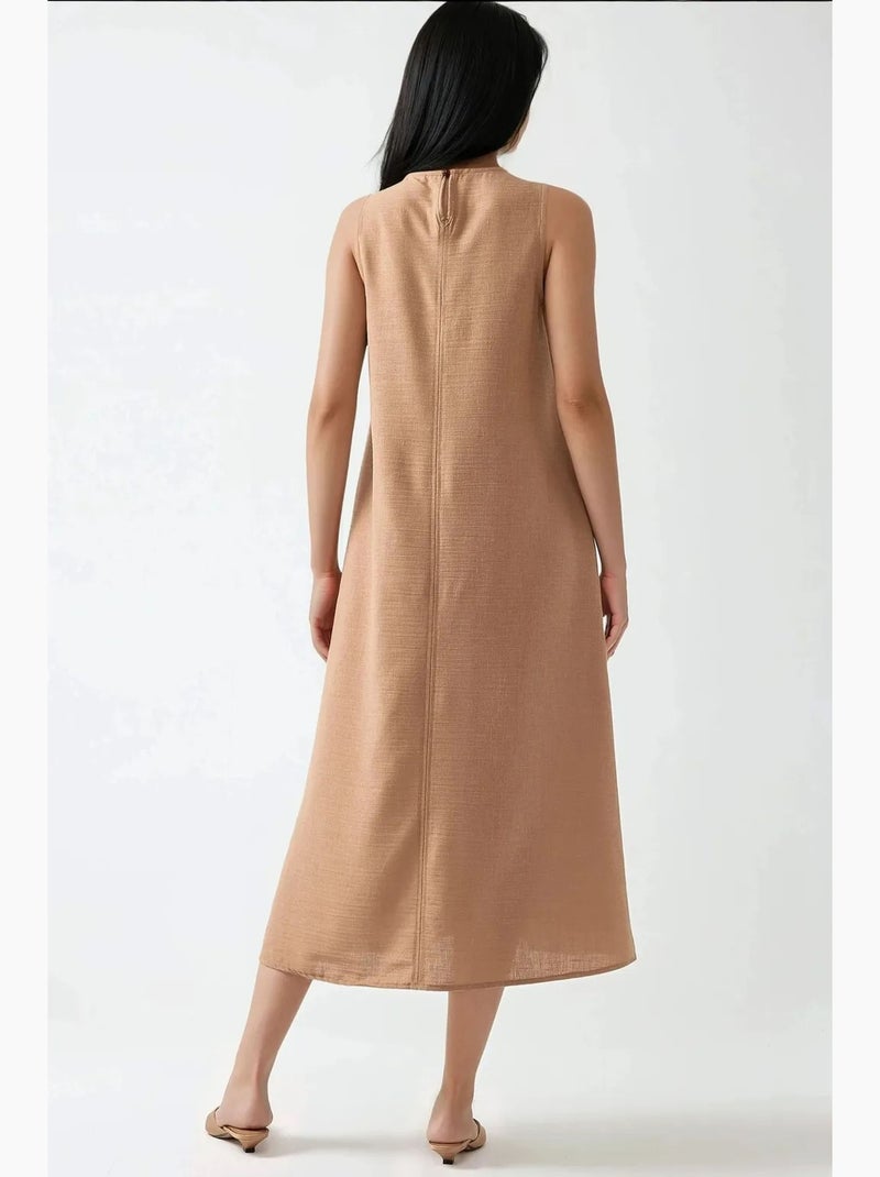 Robe mi-longue sans manches à col ras du cou en lin hiccup Camel - Kiabi