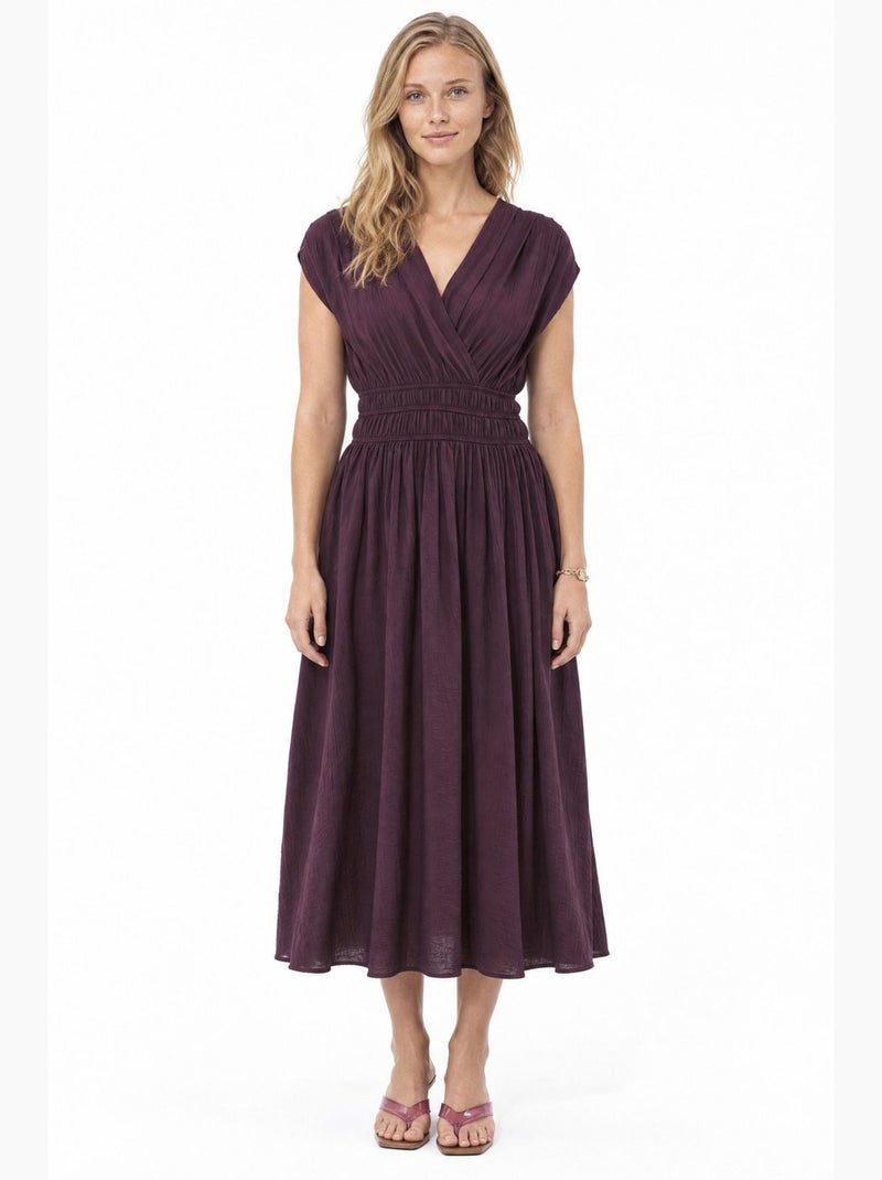 Robe mi-longue texturée à col en v busem Rouge bordeaux - Kiabi