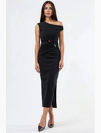 Robe midi à col asymétrique avec détails accessoires busem