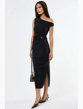 Robe midi à col asymétrique avec détails accessoires busem