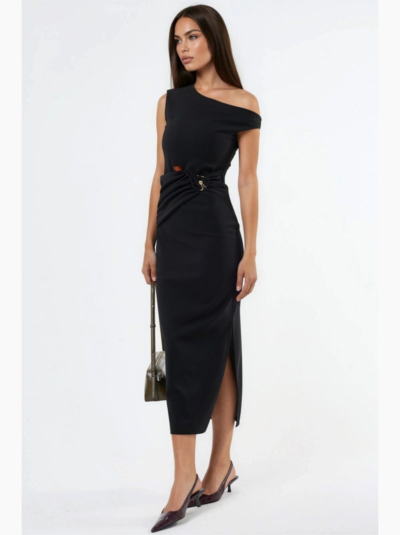 Robe midi à col asymétrique avec détails accessoires busem Noir - Kiabi