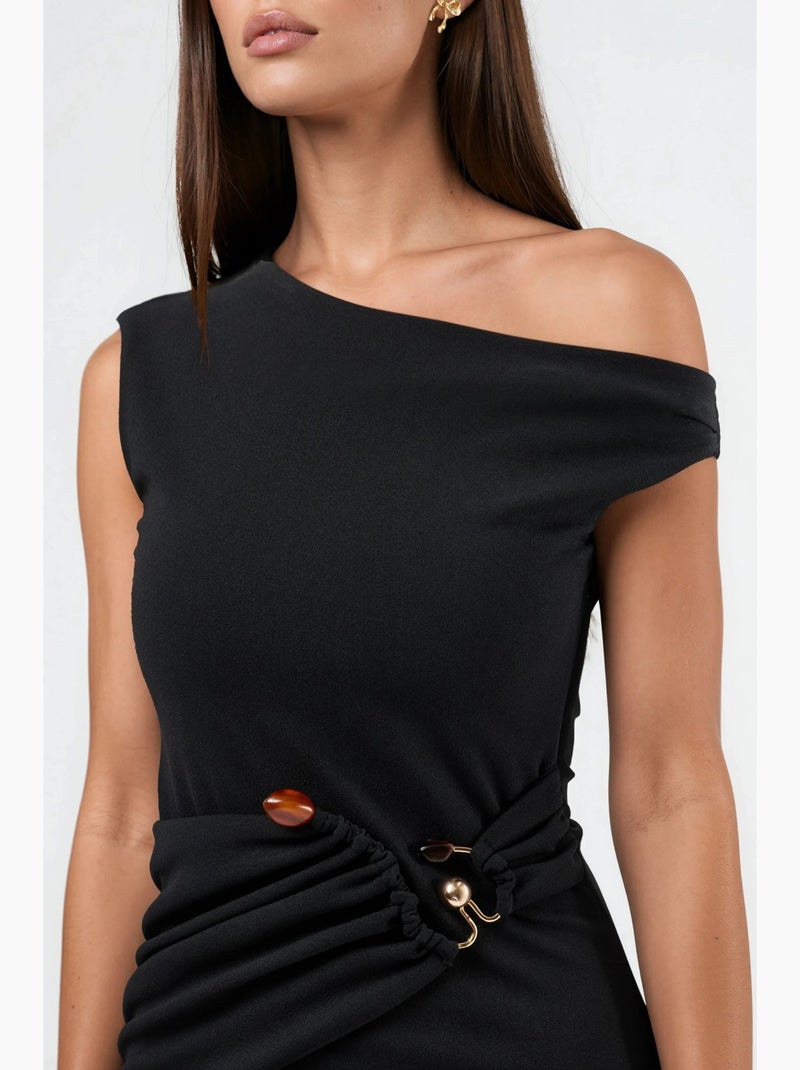 Robe midi à col asymétrique avec détails accessoires busem Noir - Kiabi