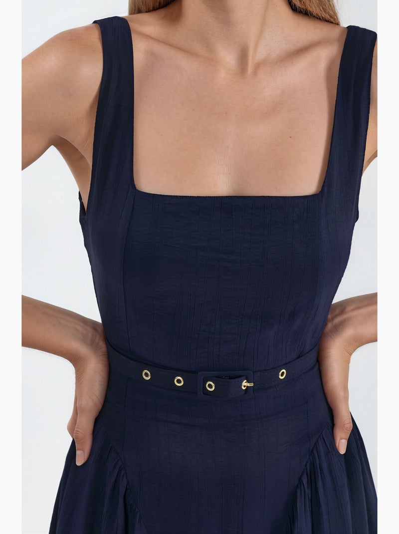Robe midi à col carré avec ceinture busem Bleu marine - Kiabi