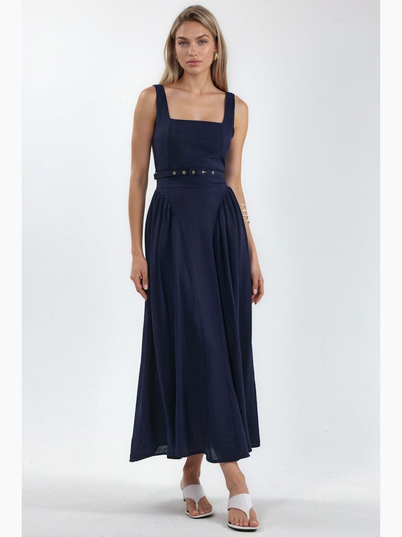Robe midi à col carré avec ceinture busem Bleu marine - Kiabi