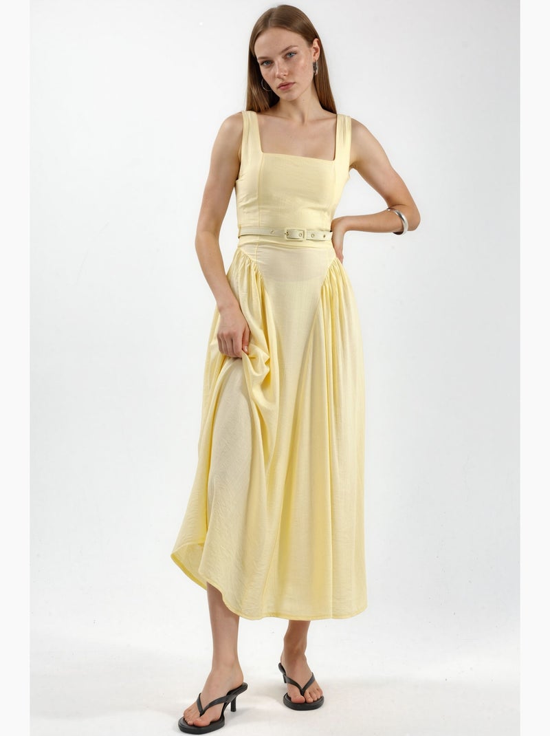 Robe midi à col carré avec ceinture busem Jaune citron - Kiabi
