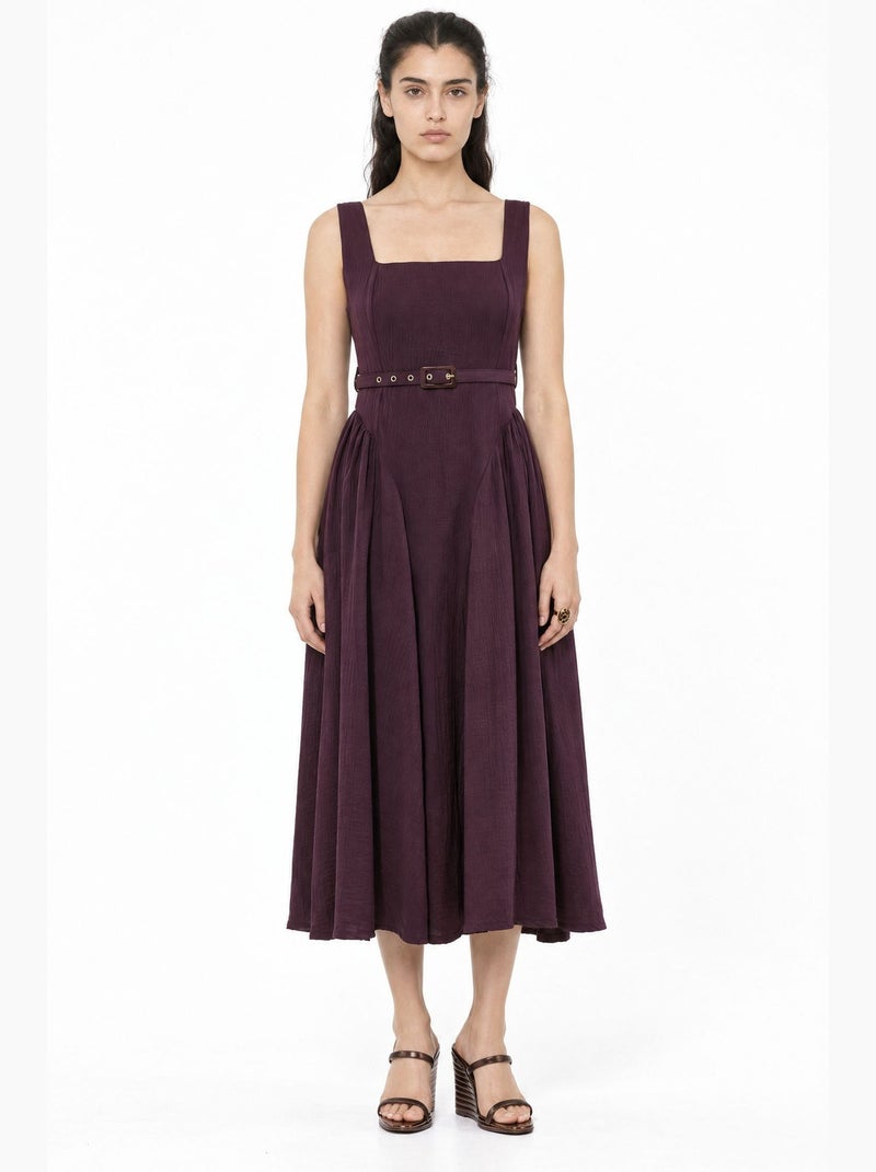 Robe midi à col carré avec ceinture busem Rouge bordeaux - Kiabi