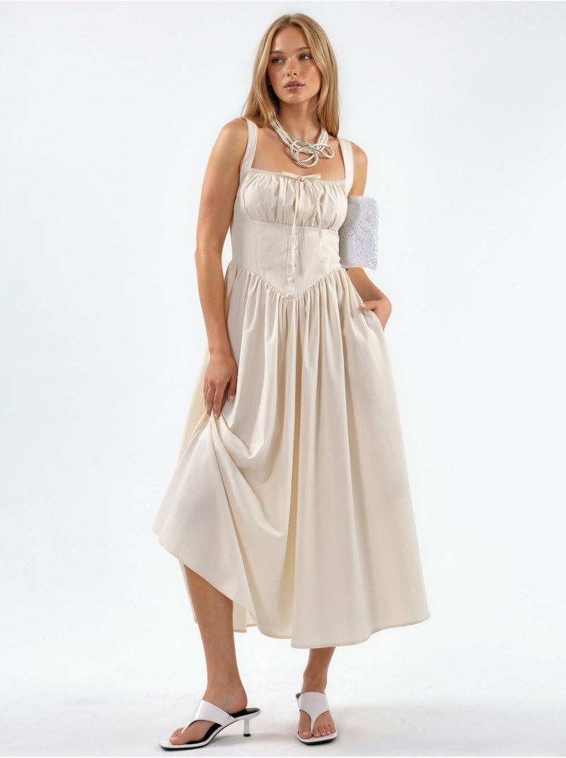 Robe midi à col carré avec détail boutonné busem Blanc cassé - Kiabi