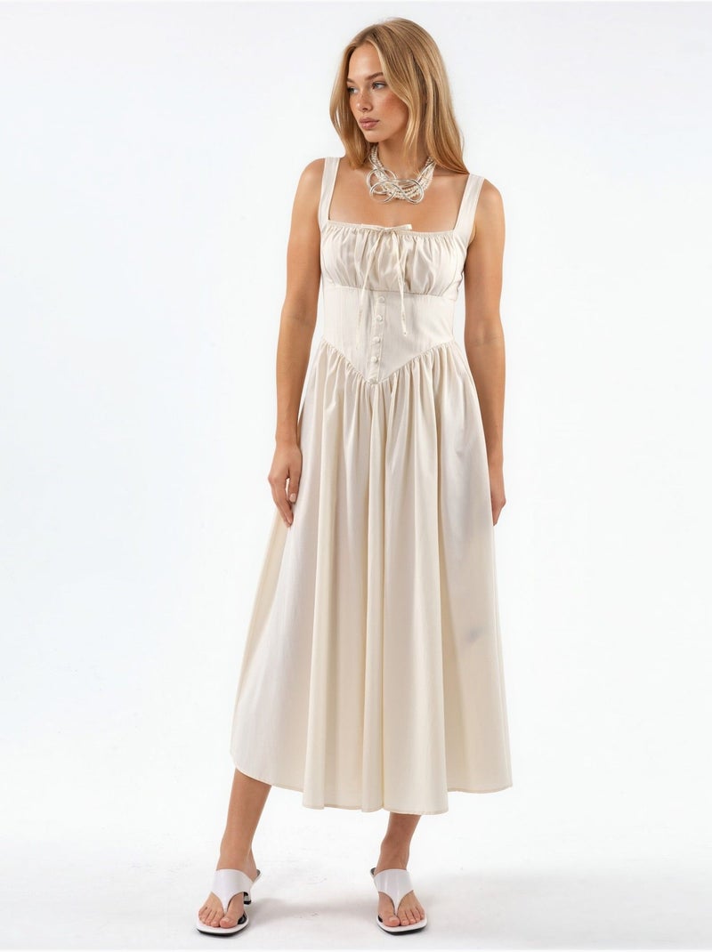 Robe midi à col carré avec détail boutonné busem Blanc cassé - Kiabi