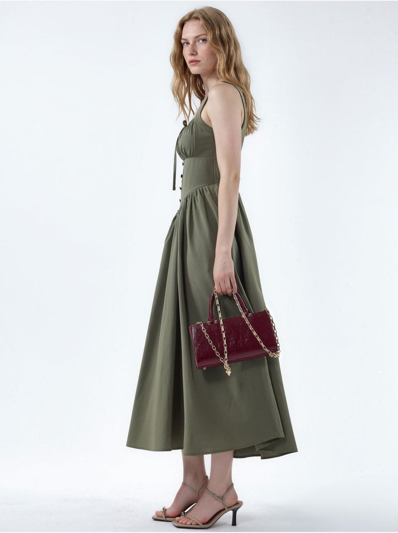 Robe midi à col carré avec détail boutonné busem Kaki - Kiabi
