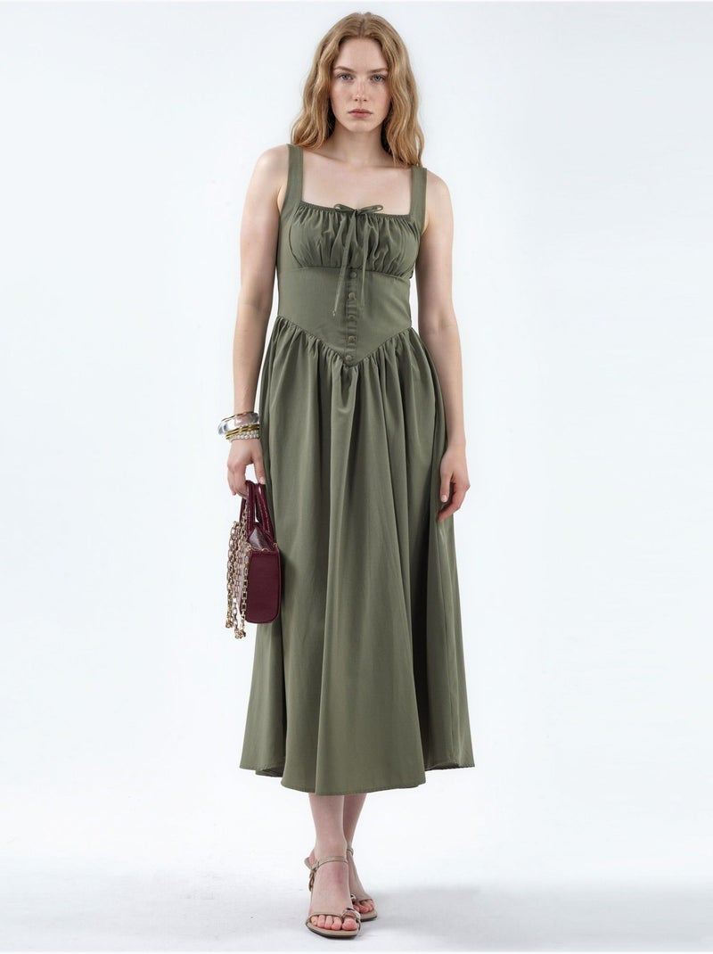 Robe midi à col carré avec détail boutonné busem Kaki - Kiabi