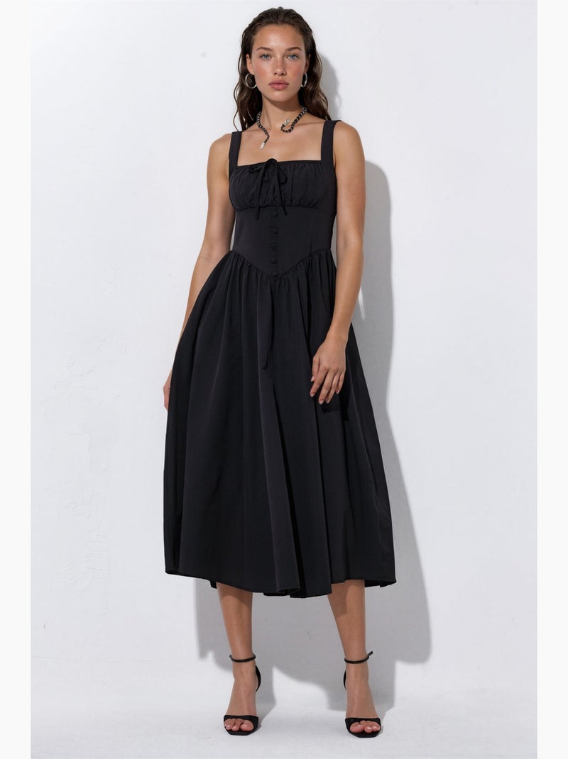 Robe midi à col carré avec détail boutonné busem Noir - Kiabi