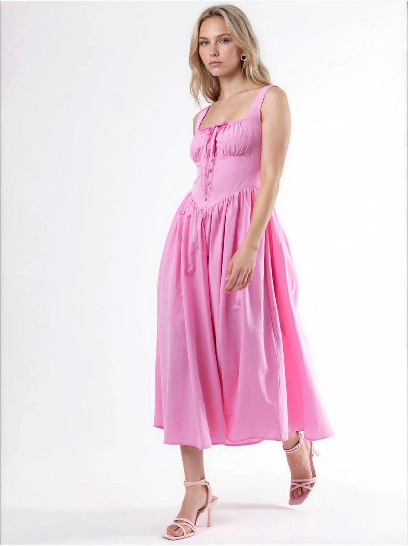 Robe midi à col carré avec détail boutonné busem Rose dragée - Kiabi