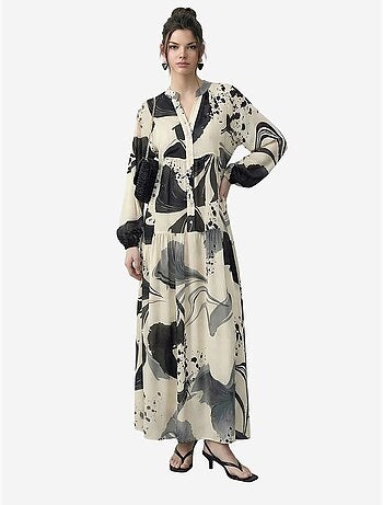 Robe midi à col en v abstrait et manches longues lucci