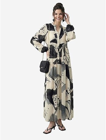Robe midi à col en v abstrait et manches longues lucci