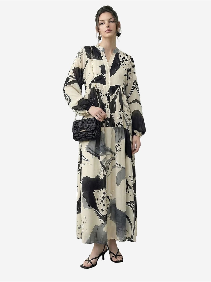 Robe midi à col en v abstrait et manches longues lucci Crème - Kiabi