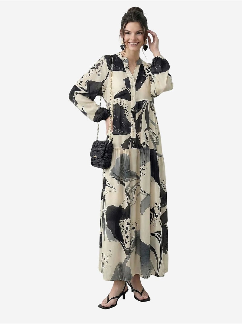 Robe midi à col en v abstrait et manches longues lucci Crème - Kiabi