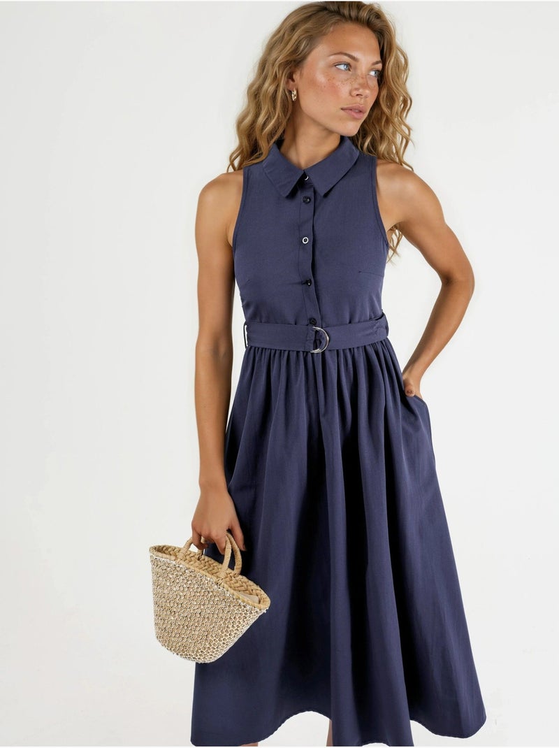 Robe midi à col en v et ceinture busem Bleu marine - Kiabi