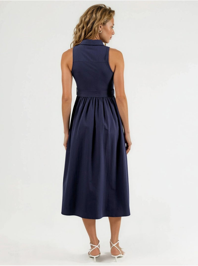 Robe midi à col en v et ceinture busem Bleu marine - Kiabi