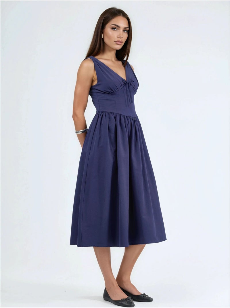 Robe midi à col en v et détail noué busem Bleu marine - Kiabi