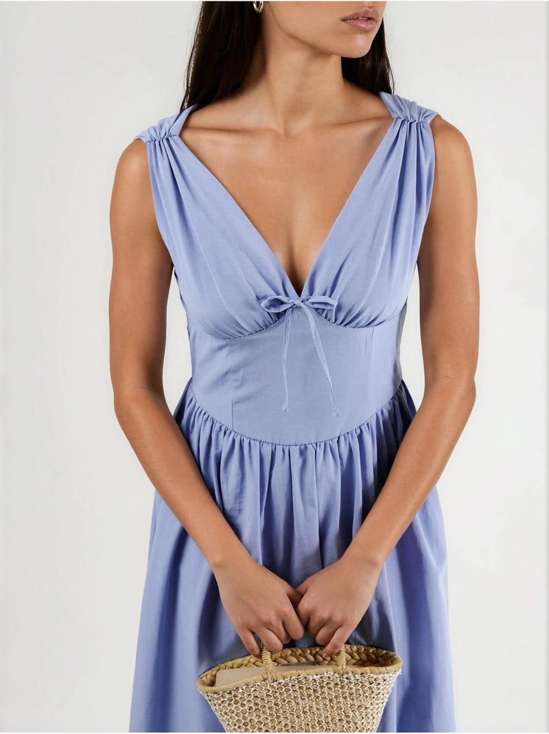Robe midi à col en v et détail noué busem Bleu saphir - Kiabi
