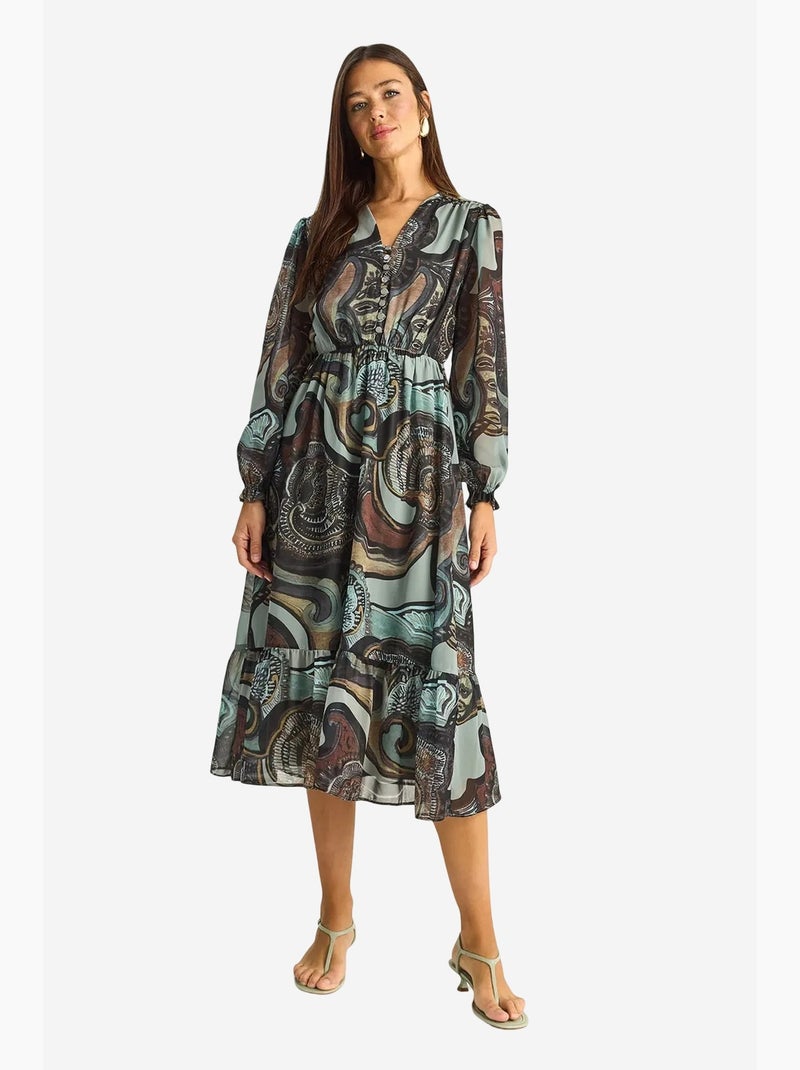 Robe midi à col en v et imprimé cachemire lucci Bleu canard - Kiabi