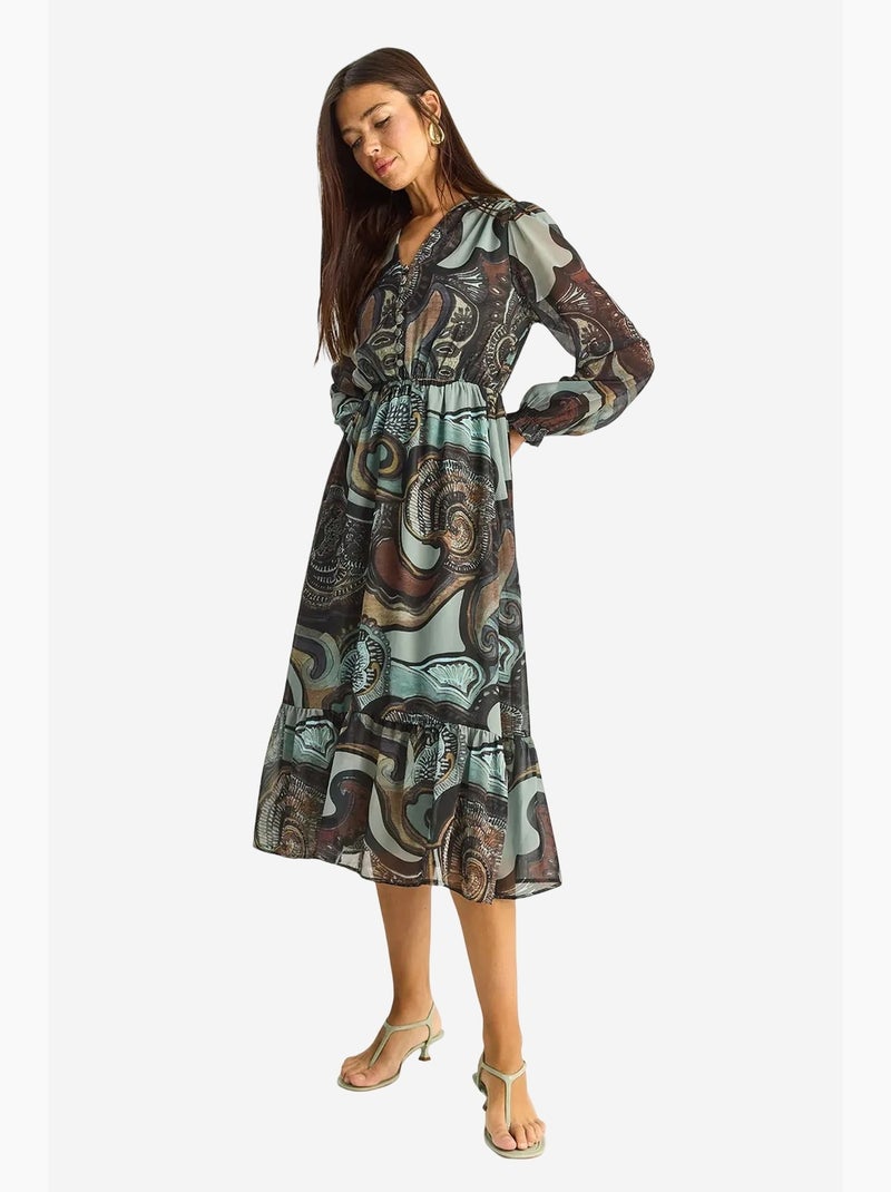 Robe midi à col en v et imprimé cachemire lucci Bleu canard - Kiabi