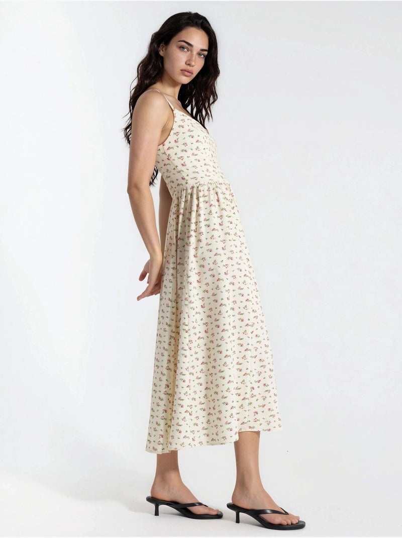 Robe midi à col en v fleurie Beige - Kiabi