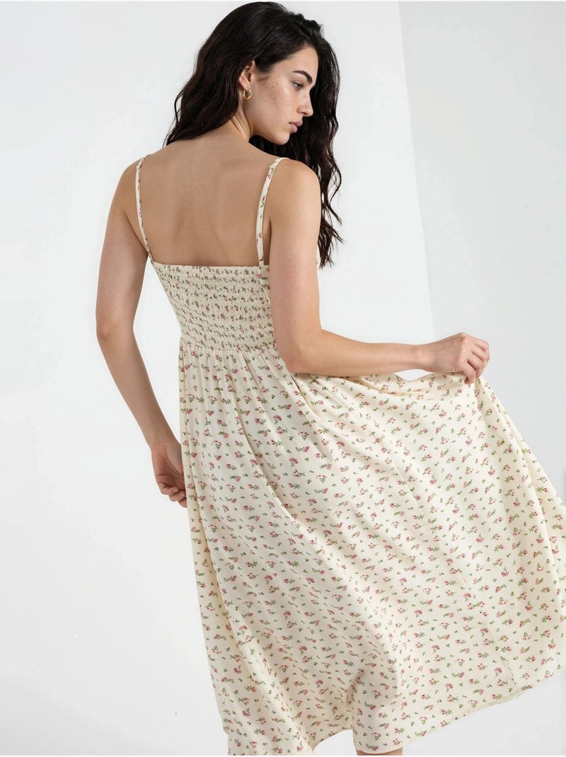 Robe midi à col en v fleurie Beige - Kiabi