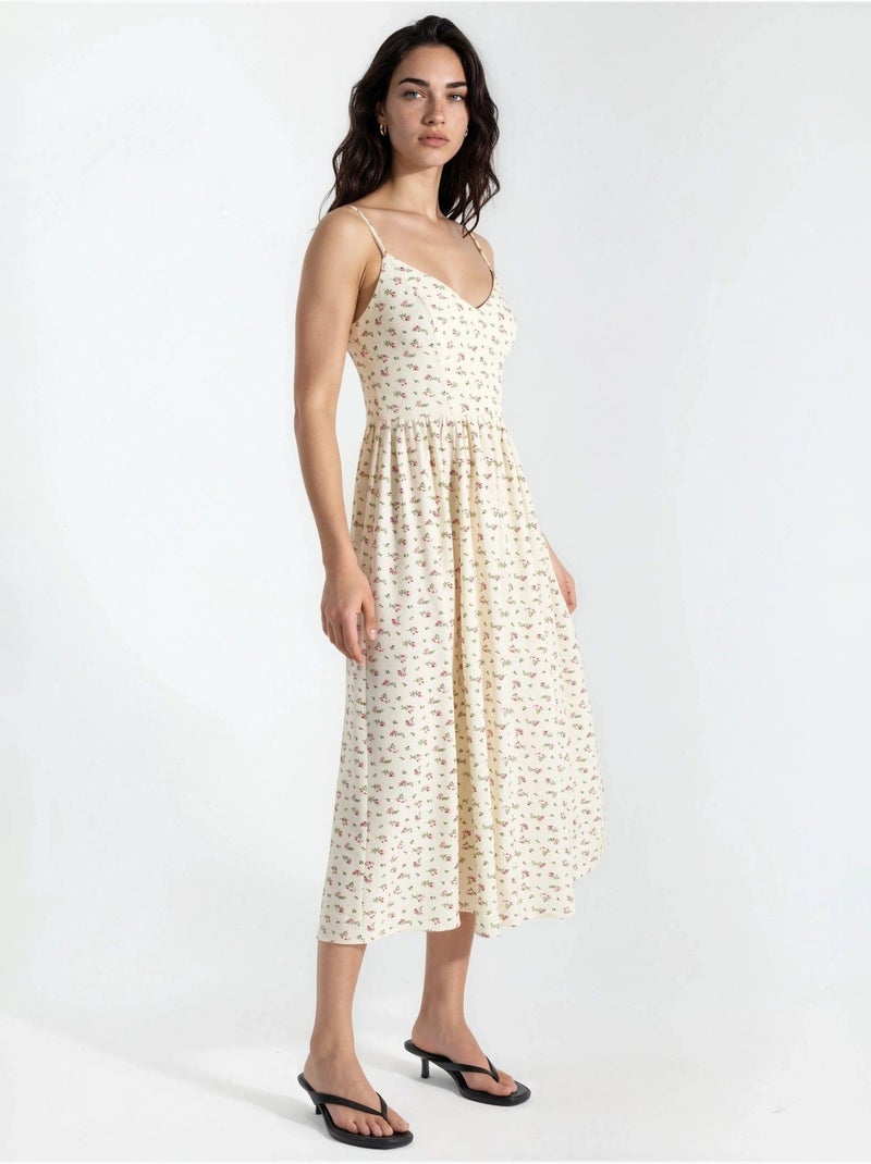 Robe midi à col en v fleurie Beige - Kiabi