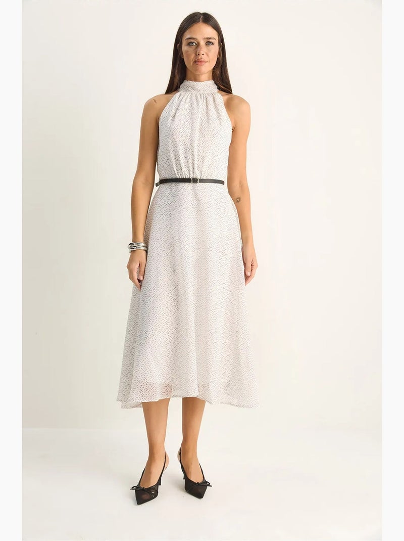 Robe midi à col halter et pois lucci Blanc cassé - Kiabi