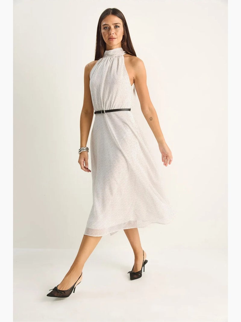 Robe midi à col halter et pois lucci Blanc cassé - Kiabi