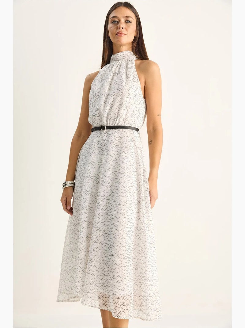 Robe midi à col halter et pois lucci Blanc cassé - Kiabi