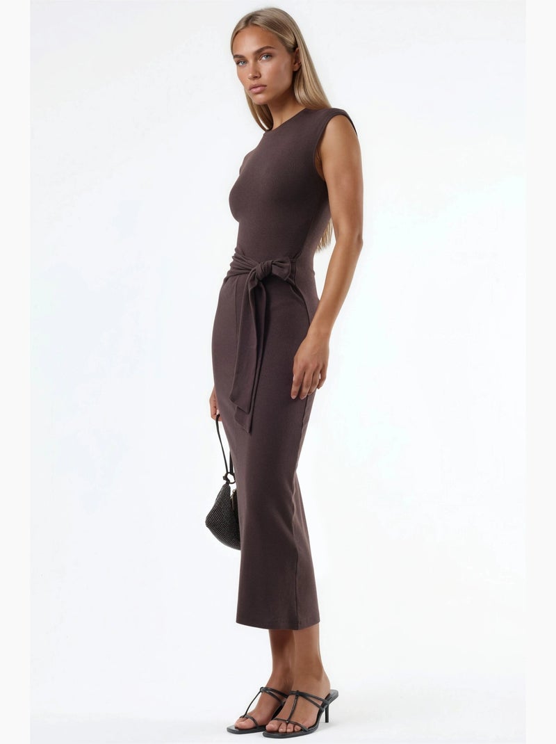 Robe midi à col rond et détail noué busem Marron chocolat - Kiabi