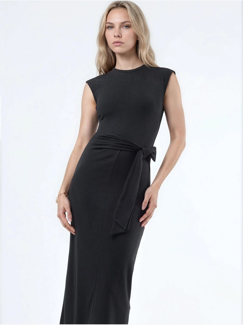Robe midi à col rond et détail noué busem Noir - Kiabi