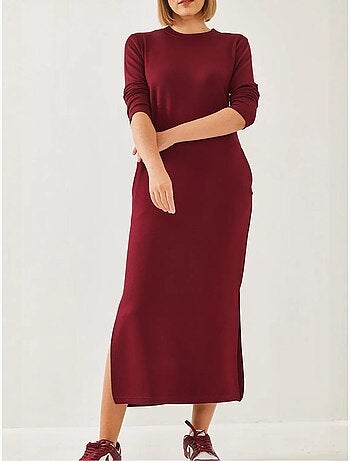 Robe midi à col rond et manches longues fendue lucci