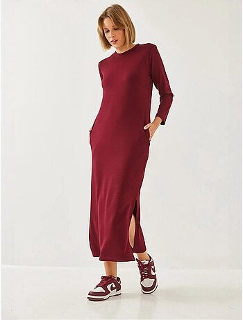 Robe midi à col rond et manches longues fendue lucci