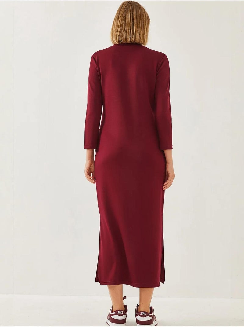 Robe midi à col rond et manches longues fendue lucci Rouge bordeaux - Kiabi