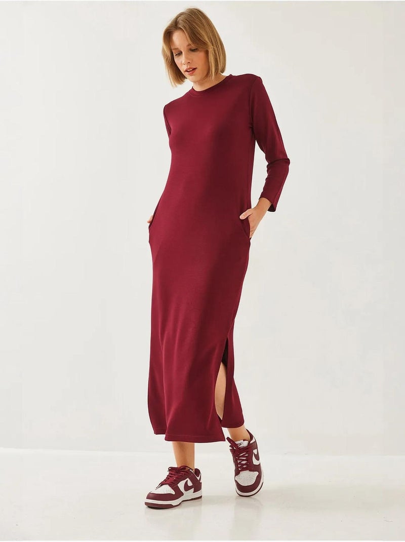 Robe midi à col rond et manches longues fendue lucci Rouge bordeaux - Kiabi