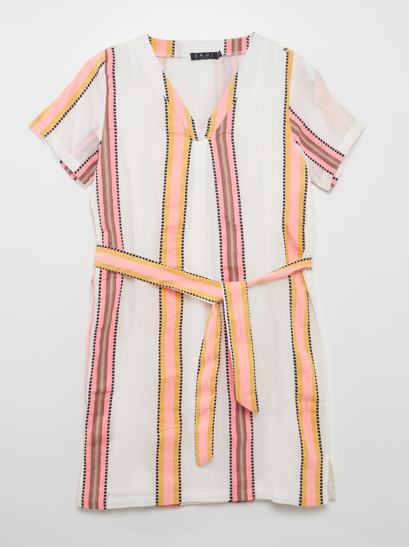 Robe midi à col V avec ceinture Blanc/rose/jaune - Kiabi
