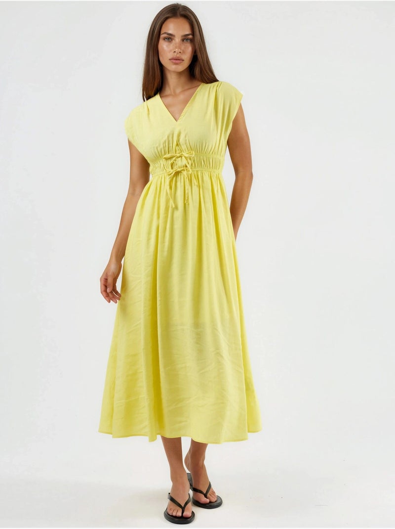 Robe midi à col v avec détail nœud busem Jaune citron - Kiabi