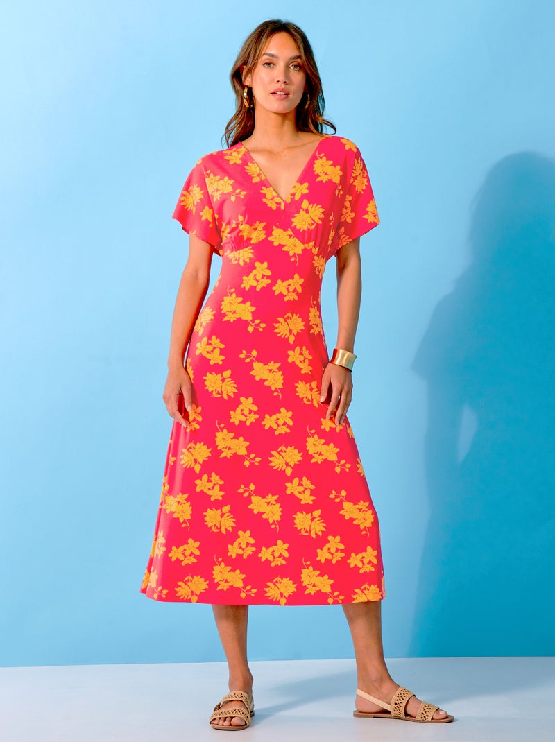 Robe midi à col V avec motifs Rose - Kiabi